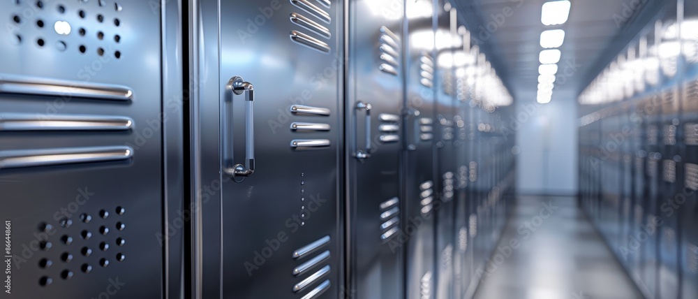 A row of metal lockers with a hallway in the background A row of metal lockers with a hallway in the background