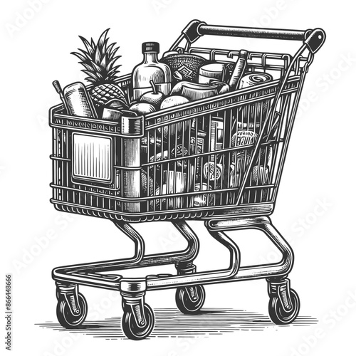  shopping cart brimming with an assortment of fresh fruits and vegetables sketch engraving generative ai vector illustration. Scratch board imitation. Black and white image.