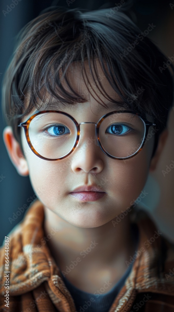 Close-up of a young South Korean boy with glasses Close-up of a young South Korean boy with glasses