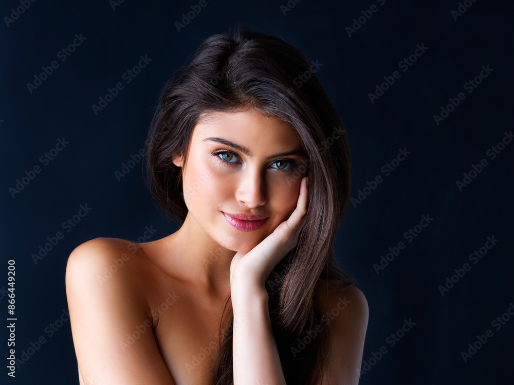 Portrait, hair care and woman with texture, glow and dermatology on dark studio background. Face, person and model with shine, grooming routine and salon treatment with keratin, aesthetic and volume Portrait, hair care and woman with texture, glow and dermatology on dark studio background. Face, person and model with shine, grooming routine and salon treatment with keratin, aesthetic and volume