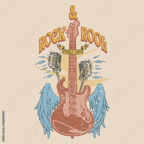 Guitar vector artwork for apparel, stickers, posters, background and others. Rock world tour artwork. Rock star vintage artwork. Star music poster design. background and others. Rock tour vintage