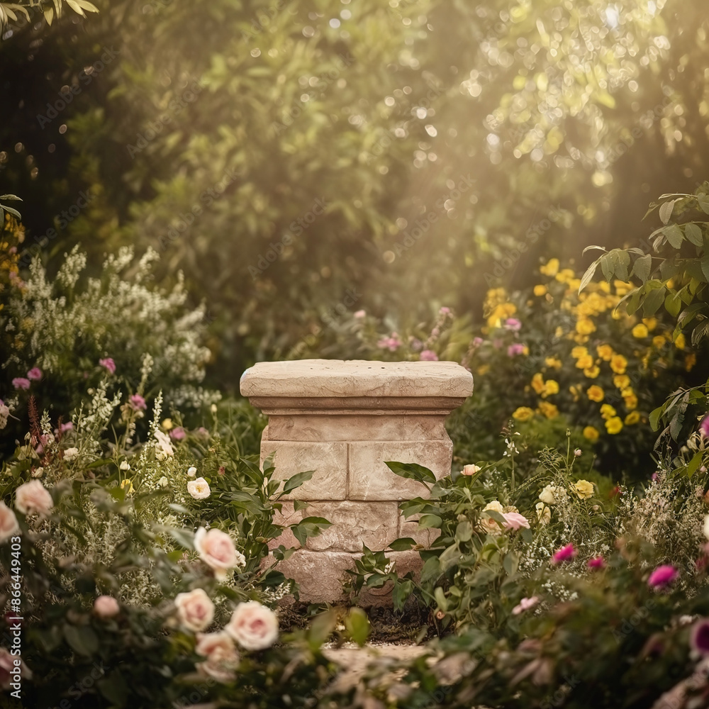 stone podium in a flower garden stone podium in a flower garden