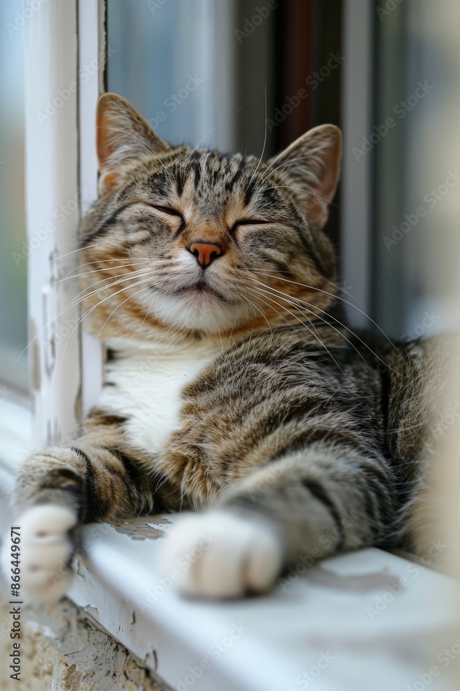 Naklejka premium A cat with a mischievous human grin lounges on a windowsill, plotting its next playful adventure.