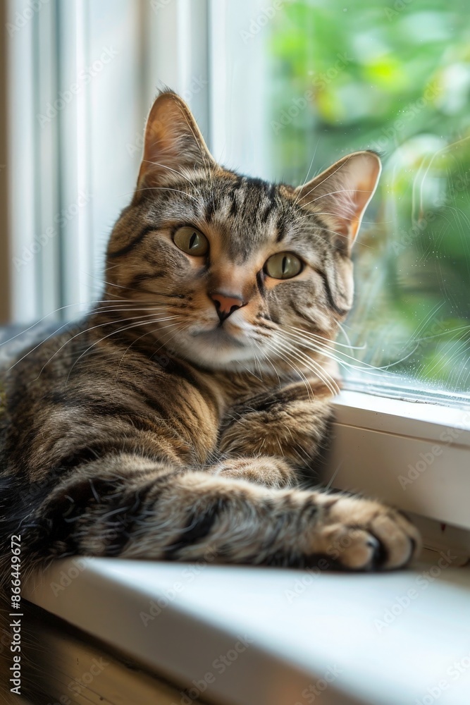 A cat with a mischievous human grin lounges on a windowsill, plotting its next playful adventure. A cat with a mischievous human grin lounges on a windowsill, plotting its next playful adventure.