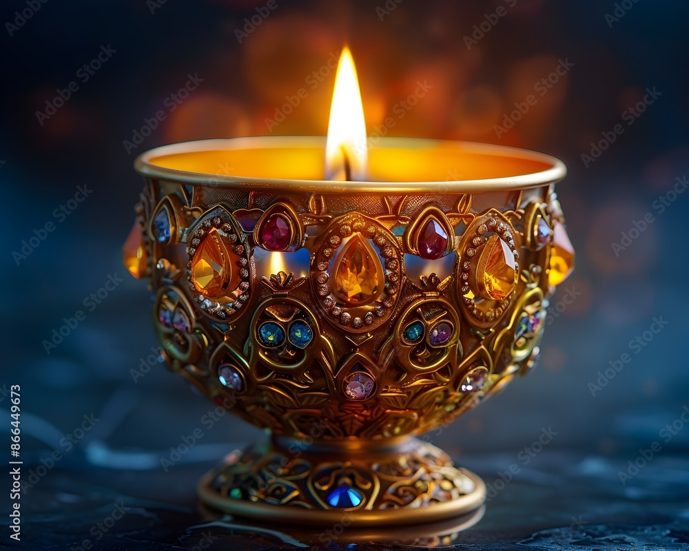 Luxurious Ornate Gold Candle Holder with Opulent Flame and Jeweled Reflections Luxurious Ornate Gold Candle Holder with Opulent Flame and Jeweled Reflections
