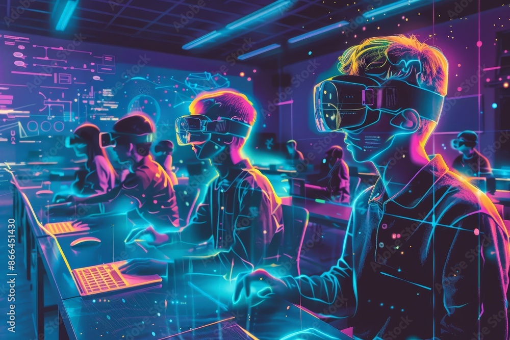 Fototapeta premium A futuristic digital classroom with holographic lessons, virtual teachers, and students wearing AR glasses.