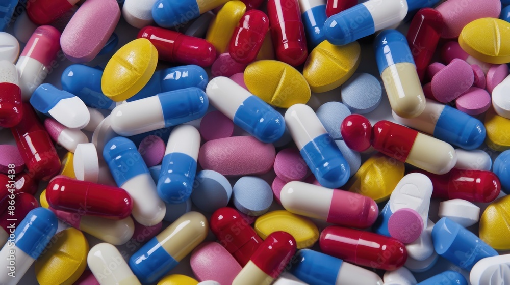 The different colored pills and capsules in the pile are shown The different colored pills and capsules in the pile are shown