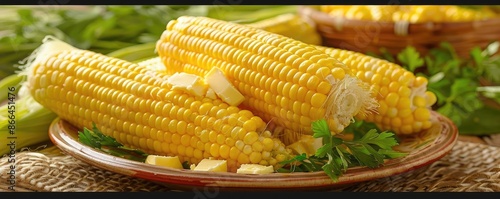 Close-up of fresh corn on the cob garnished with butter and herbs, showcasing a vibrant and appetizing summer dish.