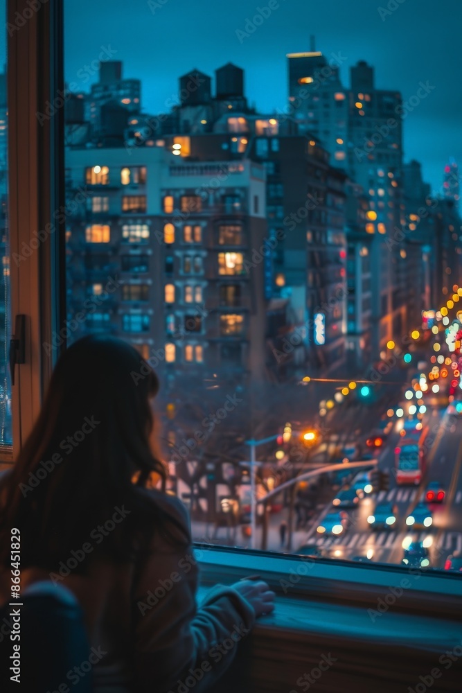 A girl enjoying a quiet night in her NYC apartment, with the vibrant city traffic outside the window. A girl enjoying a quiet night in her NYC apartment, with the vibrant city traffic outside the window.