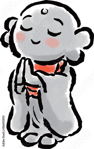 空に向かって手を合わせるお地蔵さん　筆タッチ手描きイラスト