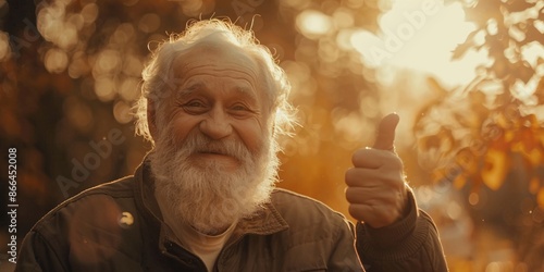 a man with a white beard giving a thumbs up photo