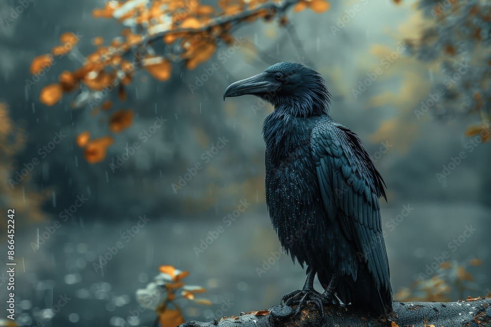 Fototapeta premium A dark and mysterious raven sits on a branch as rain falls, showcasing its glossy feathers and the serene, moody atmosphere of the surrounding landscape.