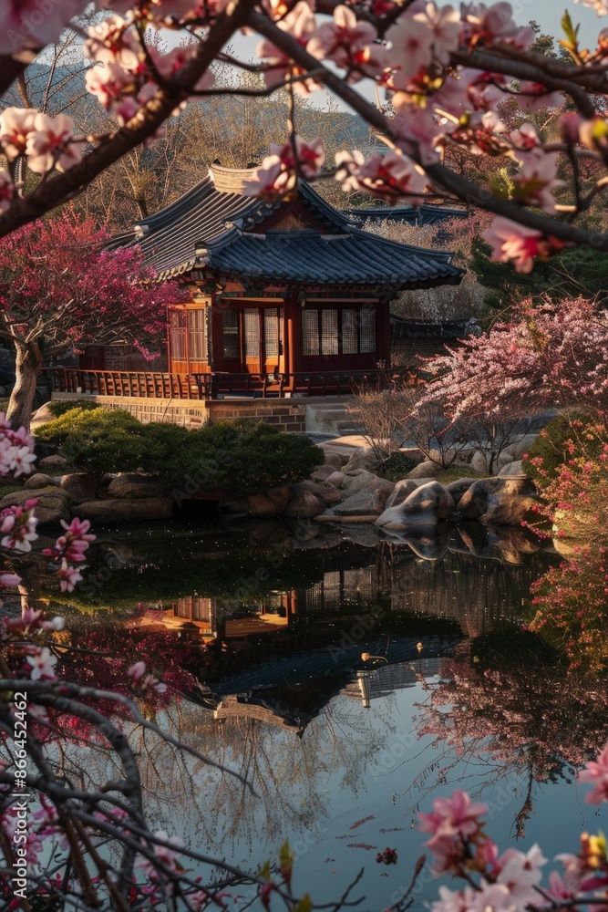 A hanok nestled among flowering trees, with a pond reflecting the spring sky and light casting gentle shadows. A hanok nestled among flowering trees, with a pond reflecting the spring sky and light casting gentle shadows.
