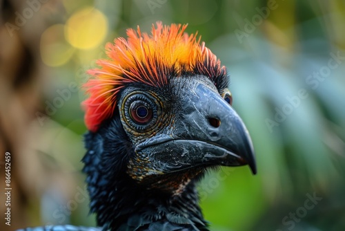 A close-up of an exotic bird with stunning, colorful feathers, showcasing its intricate patterns and bright orange crown in a lush, blurred natural background. photo