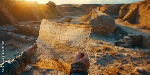 Exploring Ancient Ruins with Antique Map at Sunset in Desert Landscape photo