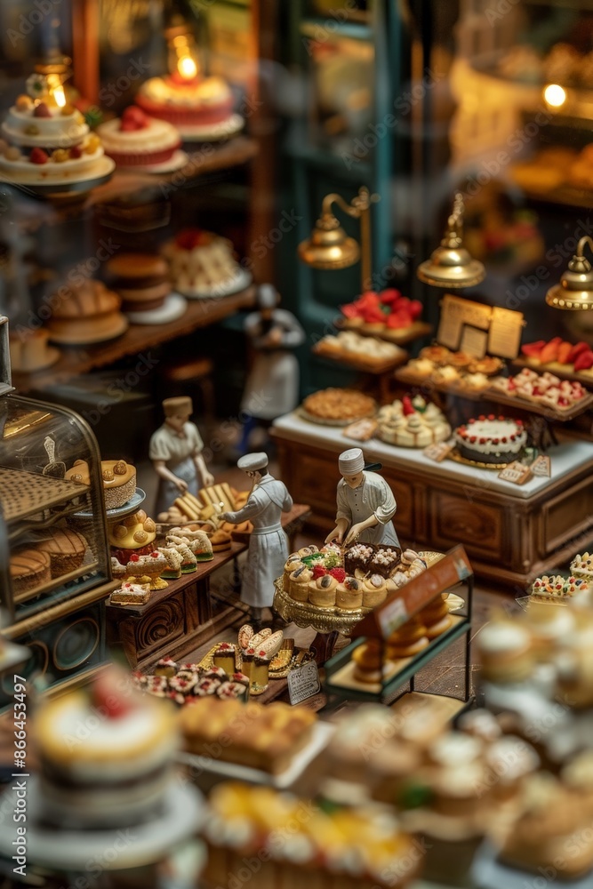A miniature bakery with tiny cakes, pastries, and bakers preparing delicious treats. A miniature bakery with tiny cakes, pastries, and bakers preparing delicious treats.