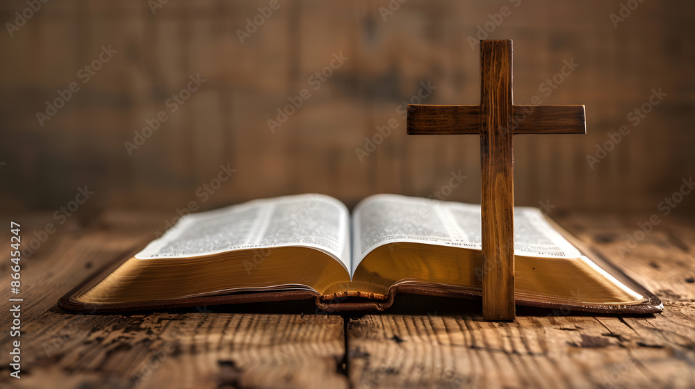 a cross on a bible, on a wooden table. a cross on a bible, on a wooden table.