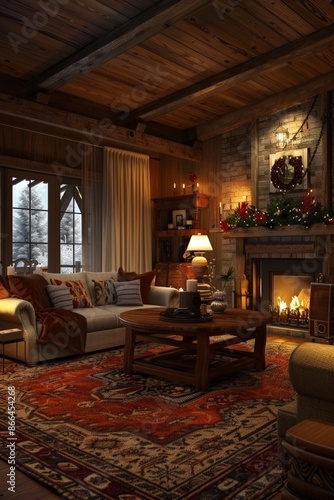 Wallpaper Mural A realistic 3D model of a cozy living room with detailed furniture, decor, and a warm fireplace. Torontodigital.ca
