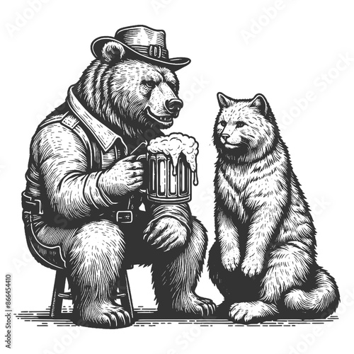 bear holding a beer mug, sitting next to a cat, creating a humorous scene sketch engraving generative ai fictional character vector illustration. Scratch board imitation. Black and white image.