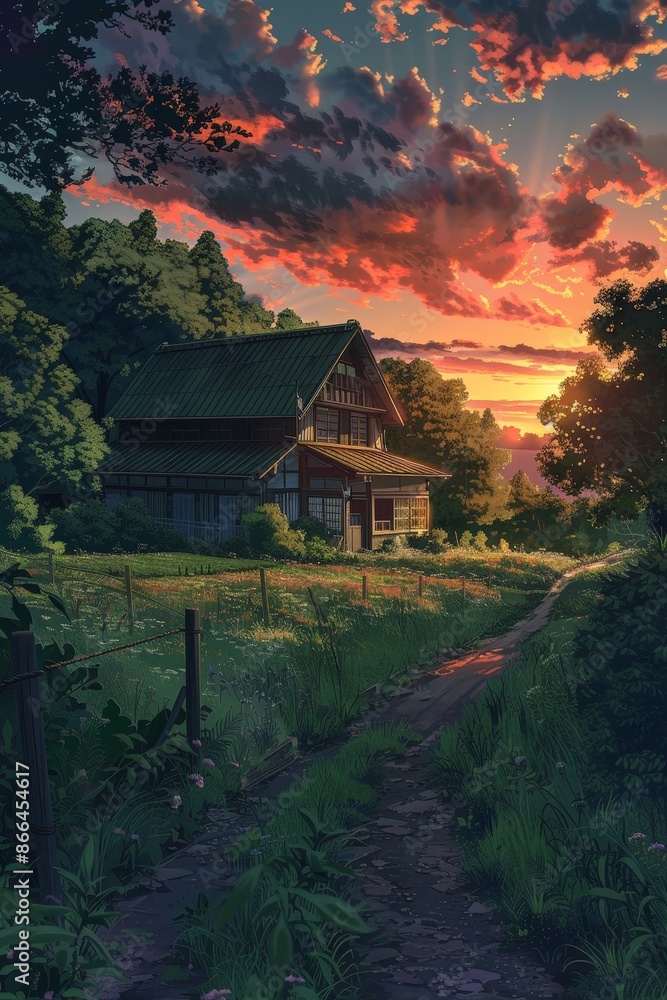 A sense of timelessness pervades the scene, as if the farmhouse has stood witness to countless sunsets and seasons, its enduring presence a testament to A sense of timelessness pervades the scene, as if the farmhouse has stood witness to countless sunsets and seasons, its enduring presence a testament to