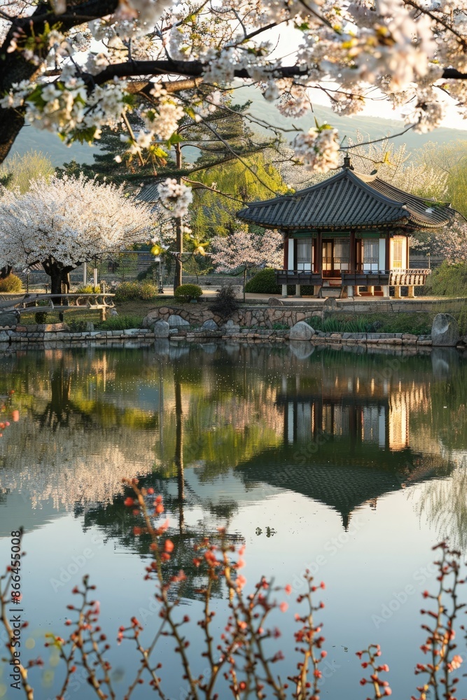 A serene spring scene at a hanok, with a calm pond, flowering trees, and sunlight creating a tranquil and picturesque setting. A serene spring scene at a hanok, with a calm pond, flowering trees, and sunlight creating a tranquil and picturesque setting.
