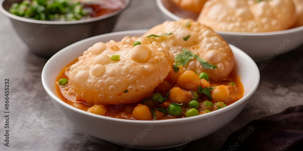 Savor the delightful pairing of bhatura or puri with zesty chana masala. Concept Indian cuisine, Street food, Chana masala, Bhatura, Puri Savor the delightful pairing of bhatura or puri with zesty chana masala. Concept Indian cuisine, Street food, Chana masala, Bhatura, Puri