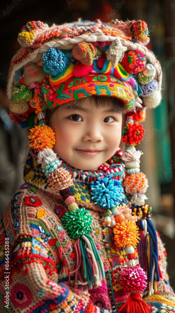 Chinese child with a colorful outfit, looking playful Chinese child with a colorful outfit, looking playful