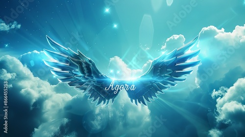 metallic luminous logo design Agora dark blue metal letters, with angel wings on both sides, blue sky and white clouds in the background © Pter