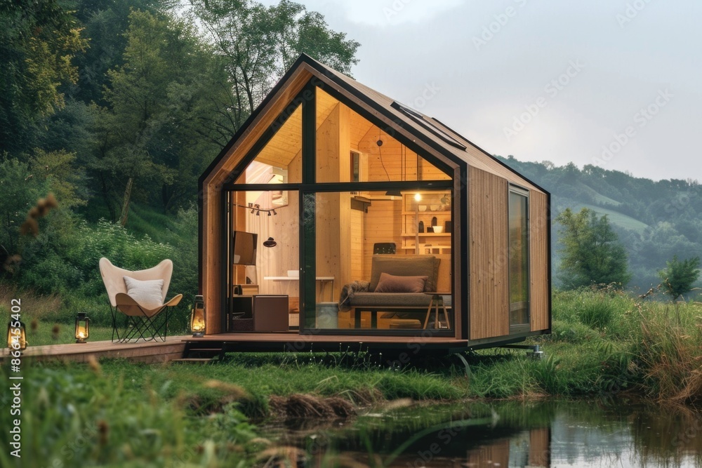 Tiny home concept, illustrating the minimalist lifestyle that advocates for living more with less Tiny home concept, illustrating the minimalist lifestyle that advocates for living more with less