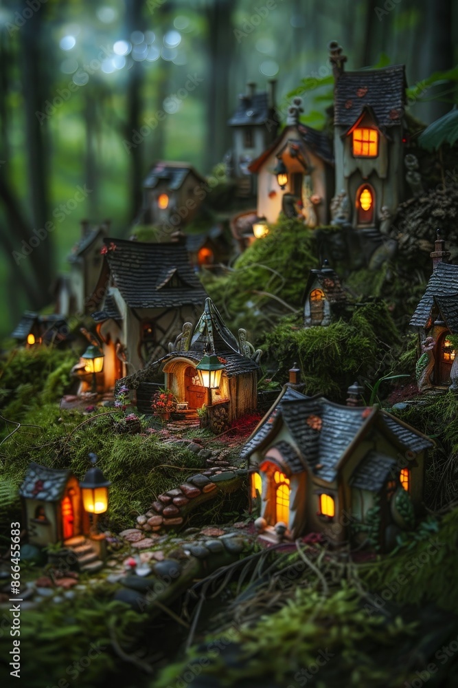 A tiny fairy village nestled in a forest, with miniature houses and glowing lanterns lighting the paths. A tiny fairy village nestled in a forest, with miniature houses and glowing lanterns lighting the paths.