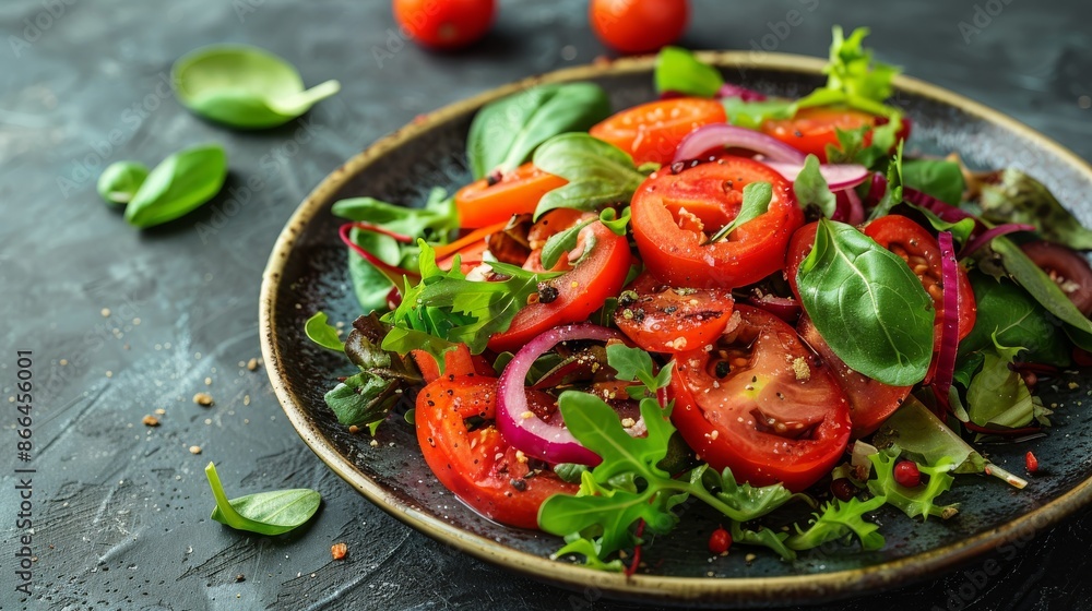 Fresh salad with tomato, red onion, and green leaves on a black plate. Concept for healthy food, diet, and vegetarian lifestyle. Fresh salad with tomato, red onion, and green leaves on a black plate. Concept for healthy food, diet, and vegetarian lifestyle.