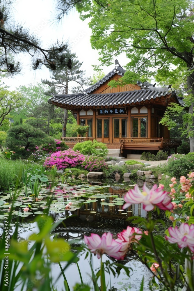 A traditional hanok surrounded by blooming flowers and lush trees, with a gentle spring breeze creating ripples on the nearby pond. A traditional hanok surrounded by blooming flowers and lush trees, with a gentle spring breeze creating ripples on the nearby pond.