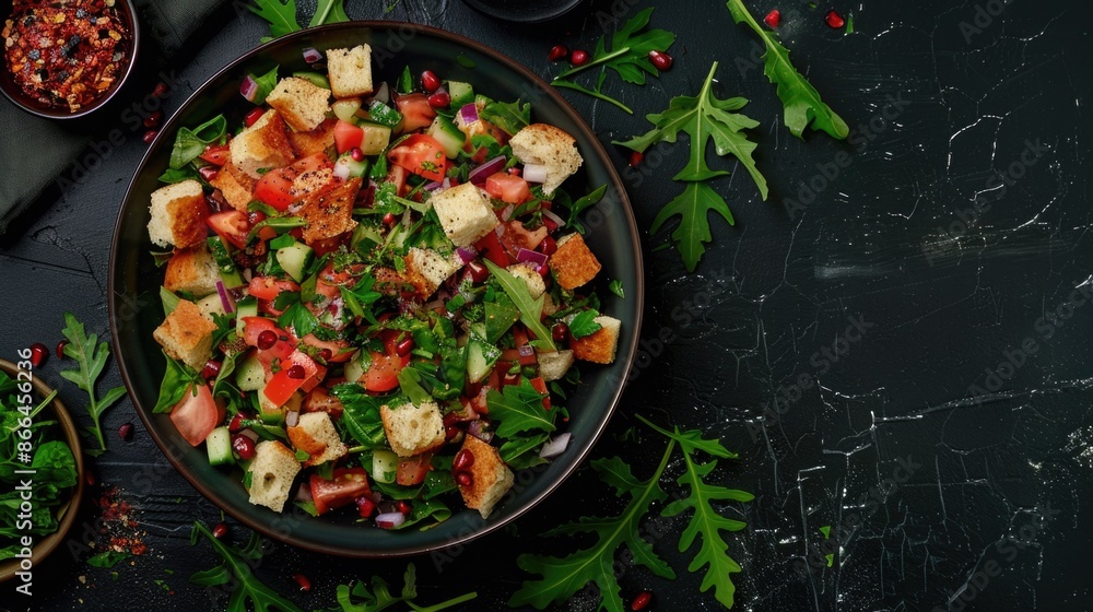 Top down view of fattoush, a Middle Eastern bread salad with sumac on a black texture background. Top down view of fattoush, a Middle Eastern bread salad with sumac on a black texture background.