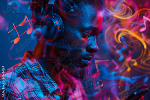 Focused African American man wearing headphones, surrounded by a swirling musical ambiance of neon lights and notes © Владимир Солдатов