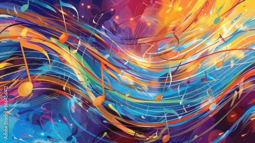 Young African American man enjoying music with headphones, surrounded by colorful musical notes and vibrant swirls