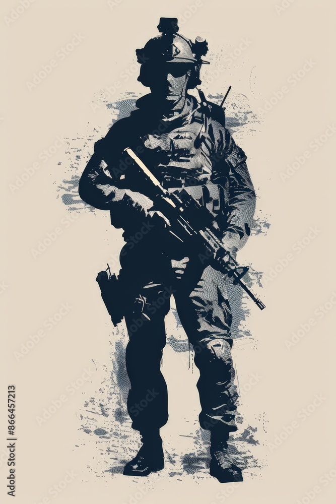 Fototapeta premium Against a neutral backdrop, the Special Forces vector image portrays a figure equipped for action, their posture and expression suggesting a blend of discipline and determination.