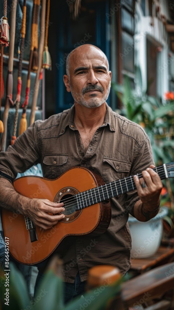 Obraz premium Spanish man with a guitar, looking soulful