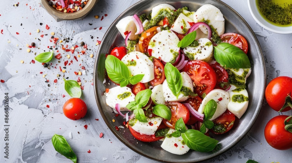 Fresh Caprese salad with tomato, mozzarella, and basil on a plate. Drizzled with olive oil and seasoning on a light background. Fresh Caprese salad with tomato, mozzarella, and basil on a plate. Drizzled with olive oil and seasoning on a light background.