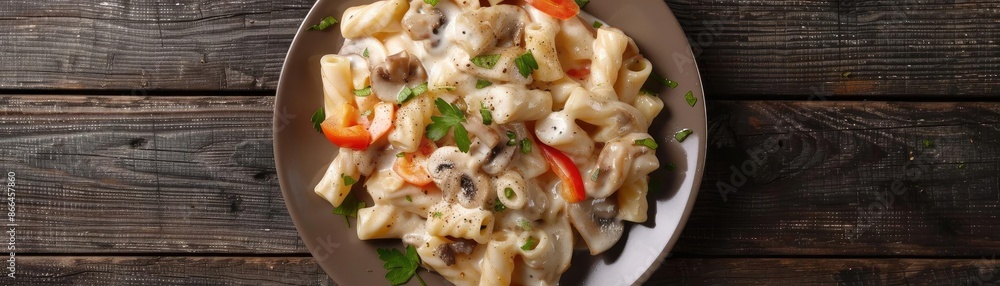 Delicious creamy chicken pasta with bell peppers and herbs served on a rustic wooden table, perfect for a comforting meal. Delicious creamy chicken pasta with bell peppers and herbs served on a rustic wooden table, perfect for a comforting meal.