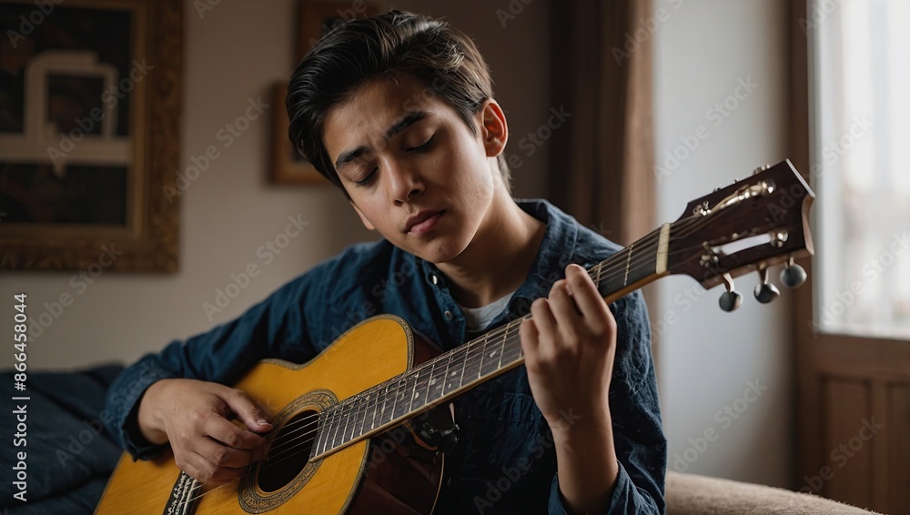 Obraz premium Young Musician Plays Guitar at Home