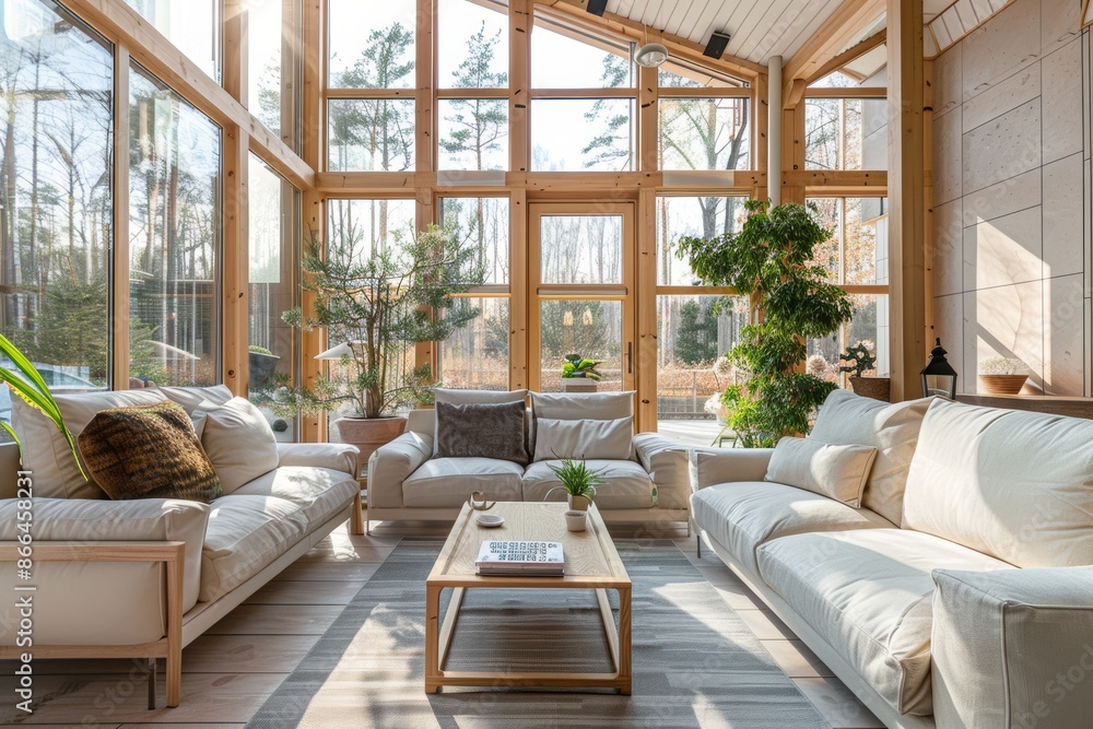 A stylish living room with large windows and natural light A stylish living room with large windows and natural light