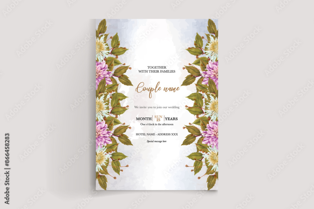 WEDDING INVITATION FRAME WITH FLOWER DECORATIONS AND FRESH LEAVES WEDDING INVITATION FRAME WITH FLOWER DECORATIONS AND FRESH LEAVES