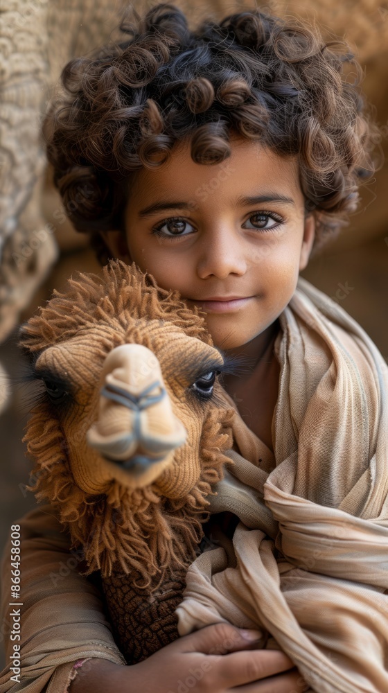 Close-up of a young Saudi Arabian boy with a toy camel Close-up of a young Saudi Arabian boy with a toy camel