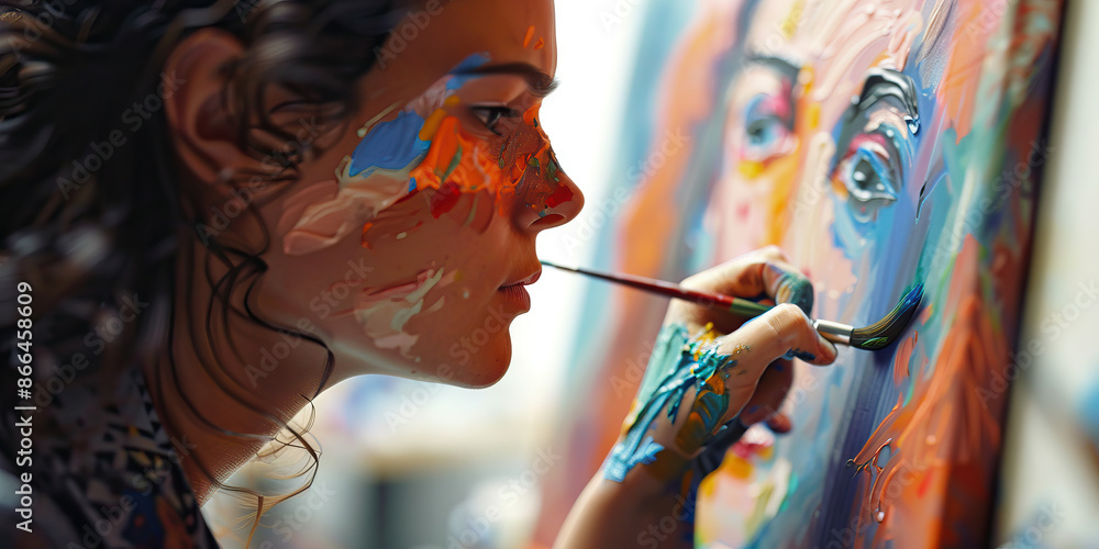 Fototapeta premium Creative Inspiration: An artist painting a vibrant and expressive piece of art, with a look of inspiration on their face.