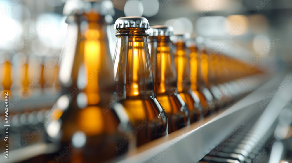 A close-up of a beer bottle label design being applied on a conveyor belt A close-up of a beer bottle label design being applied on a conveyor belt