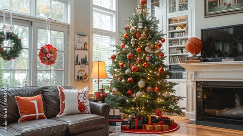 Christmas tree decorated with a basketball ornament for sports fans 