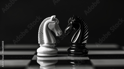 A knight with a white pawn in chess faces a black knight on a chessboard. photo