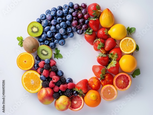 Fototapeta Naklejka Na Ścianę i Meble -  Diverse fruits in vivid colors forming a perfect circle on a pristine white background, viewed from above with futuristic lighting effects