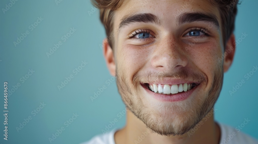 A young man with a beard and blue eyes is smiling A young man with a beard and blue eyes is smiling
