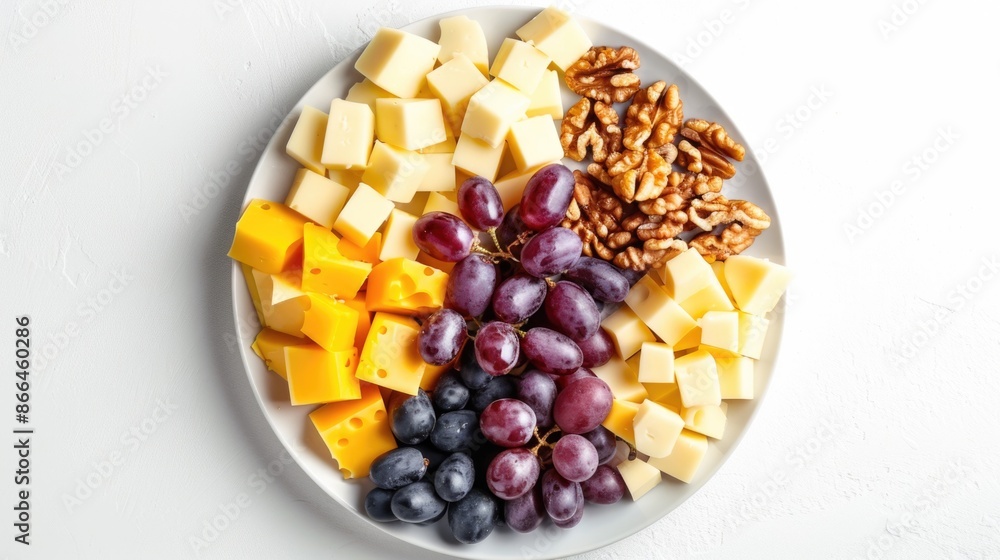 Top view of a plate full of cheese with grapes, nuts and walnuts on white background Top view of a plate full of cheese with grapes, nuts and walnuts on white background